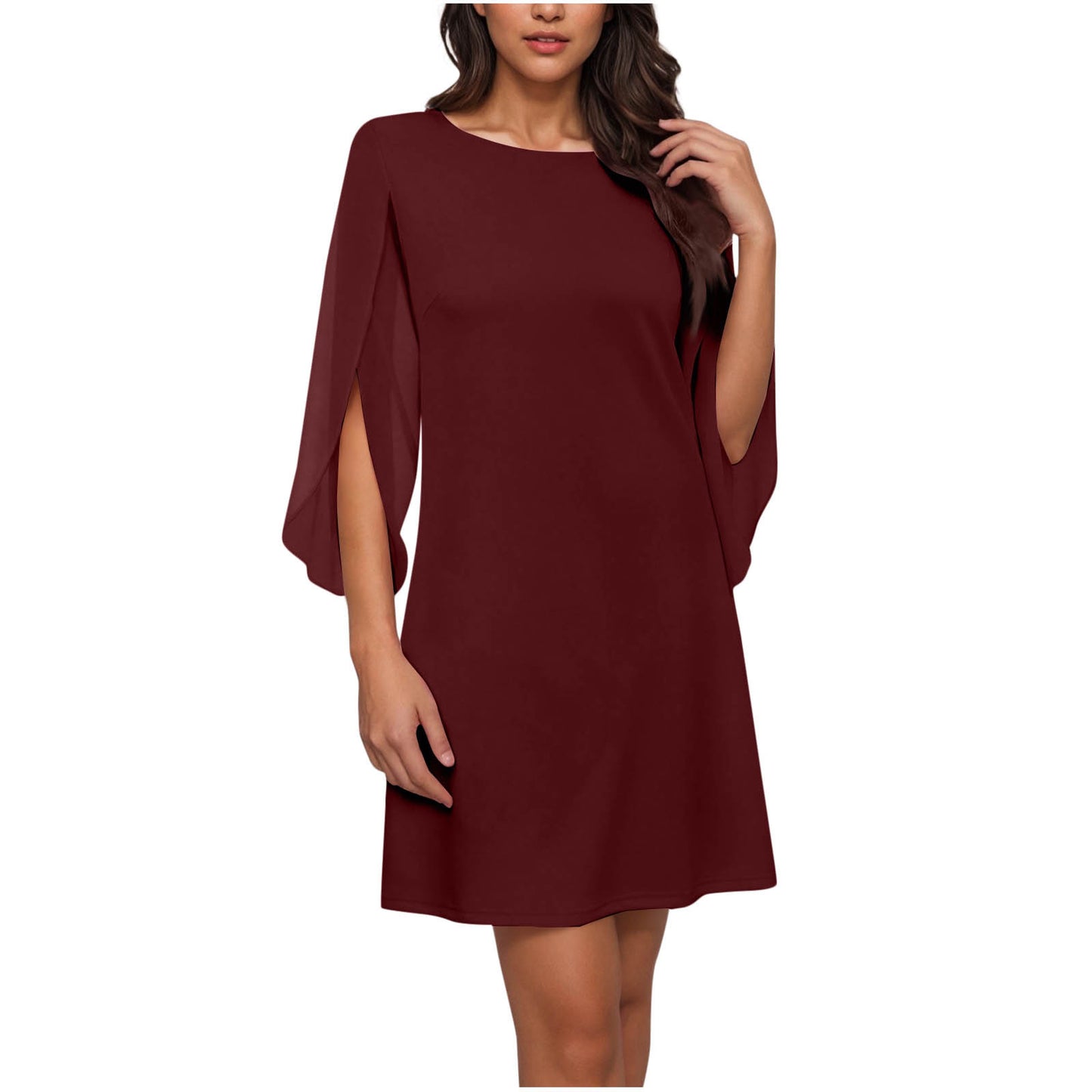 Womens Solid-Colored Crew-Neck Cloak-Sleeve Dress