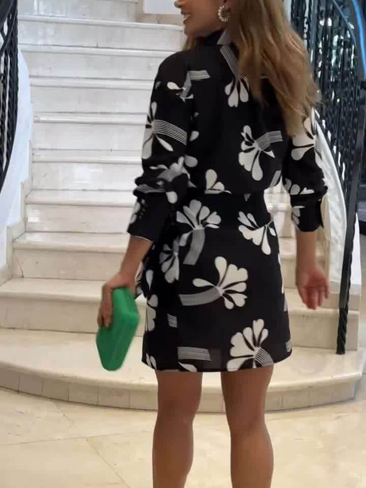 Stylish Flower Print Women's Mini Dress - V-Neck Puff Sleeve Ruffle