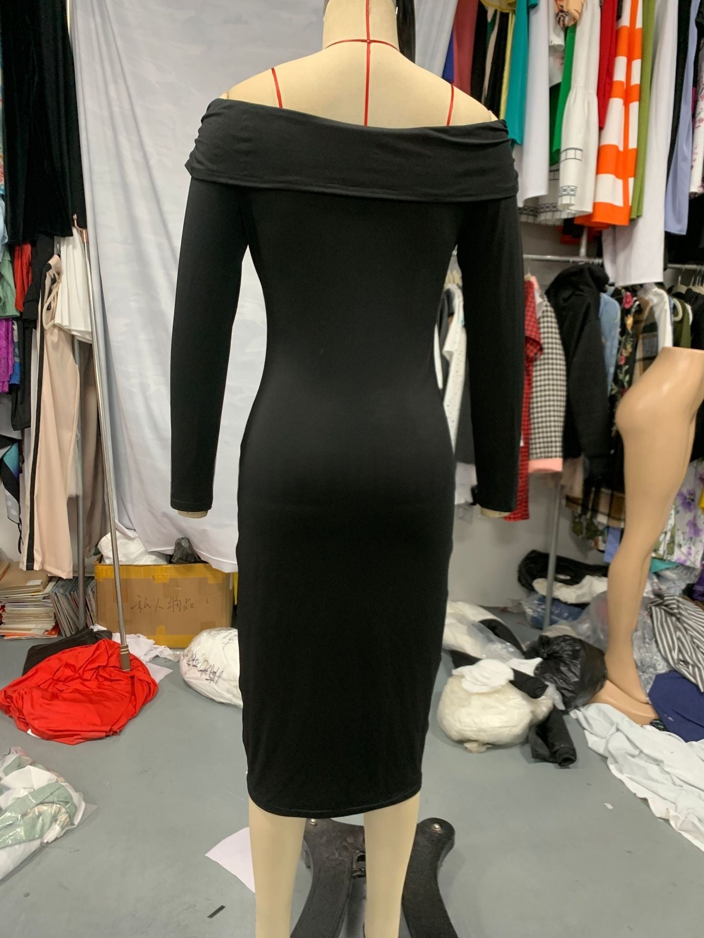 Women's Off-Shoulder Beaded Sheath Dress - Long Sleeve Solid Color