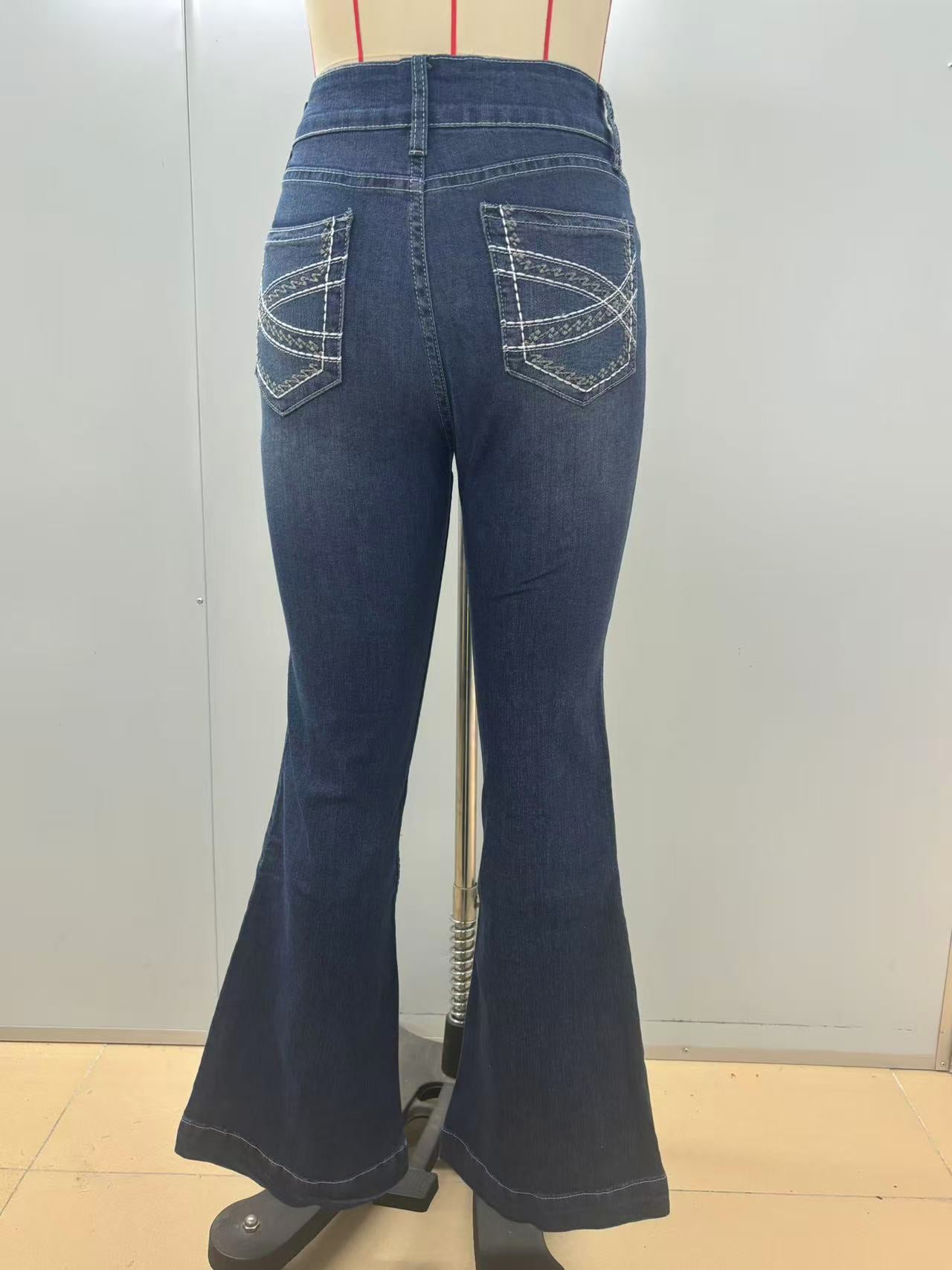 European American Fashion Embroidery Double Waisted Straight Leg Jeans