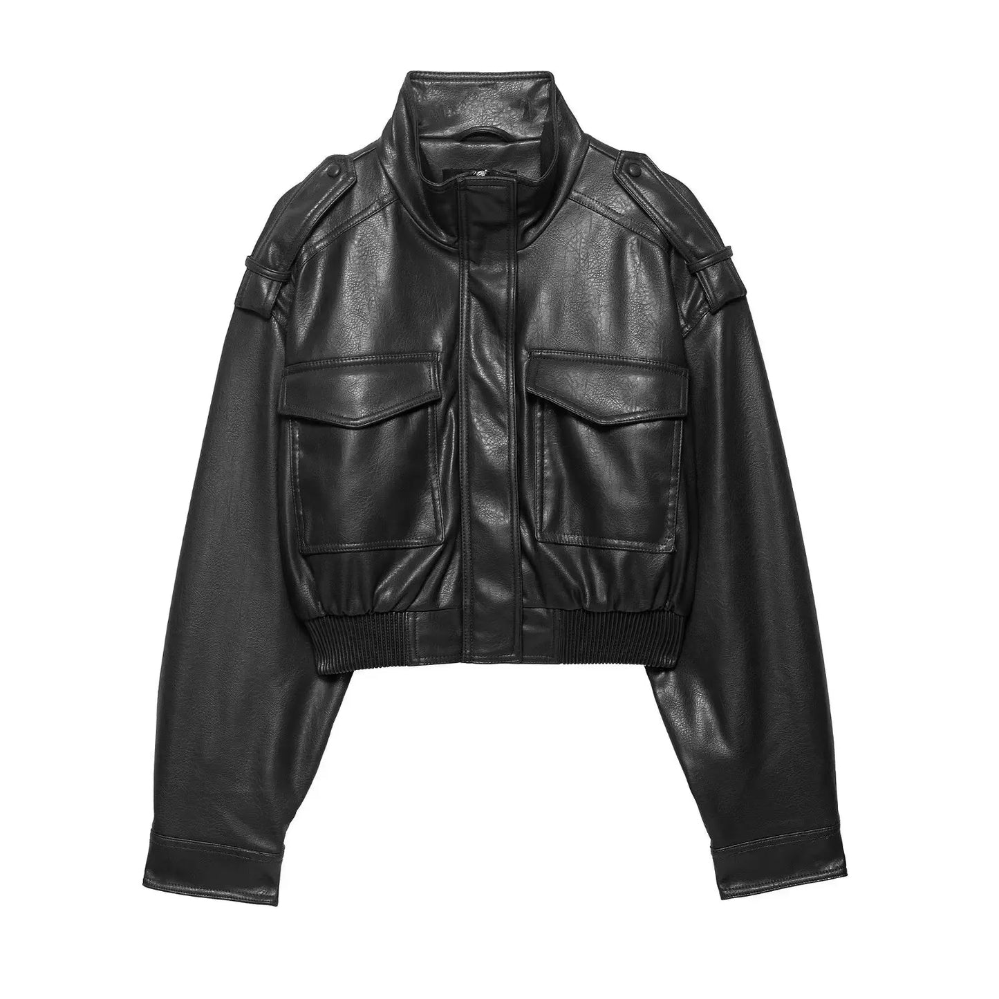 Women's Black Leather Jacket - Vintage Zipper Moto Biker Coat
