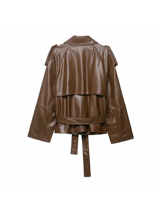 Women Faux Leather Jackets Women's With Belt Coat Outwear Streetwear Fashion Elegant Female Jackets Trench Coat