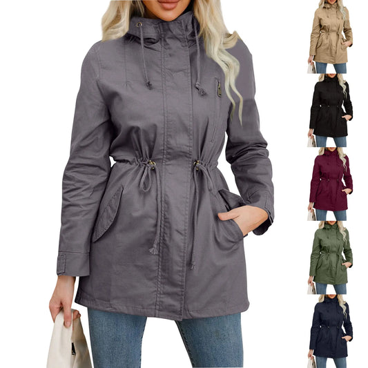 Women Hooded Trench Coat Spring Autumn Outdoor