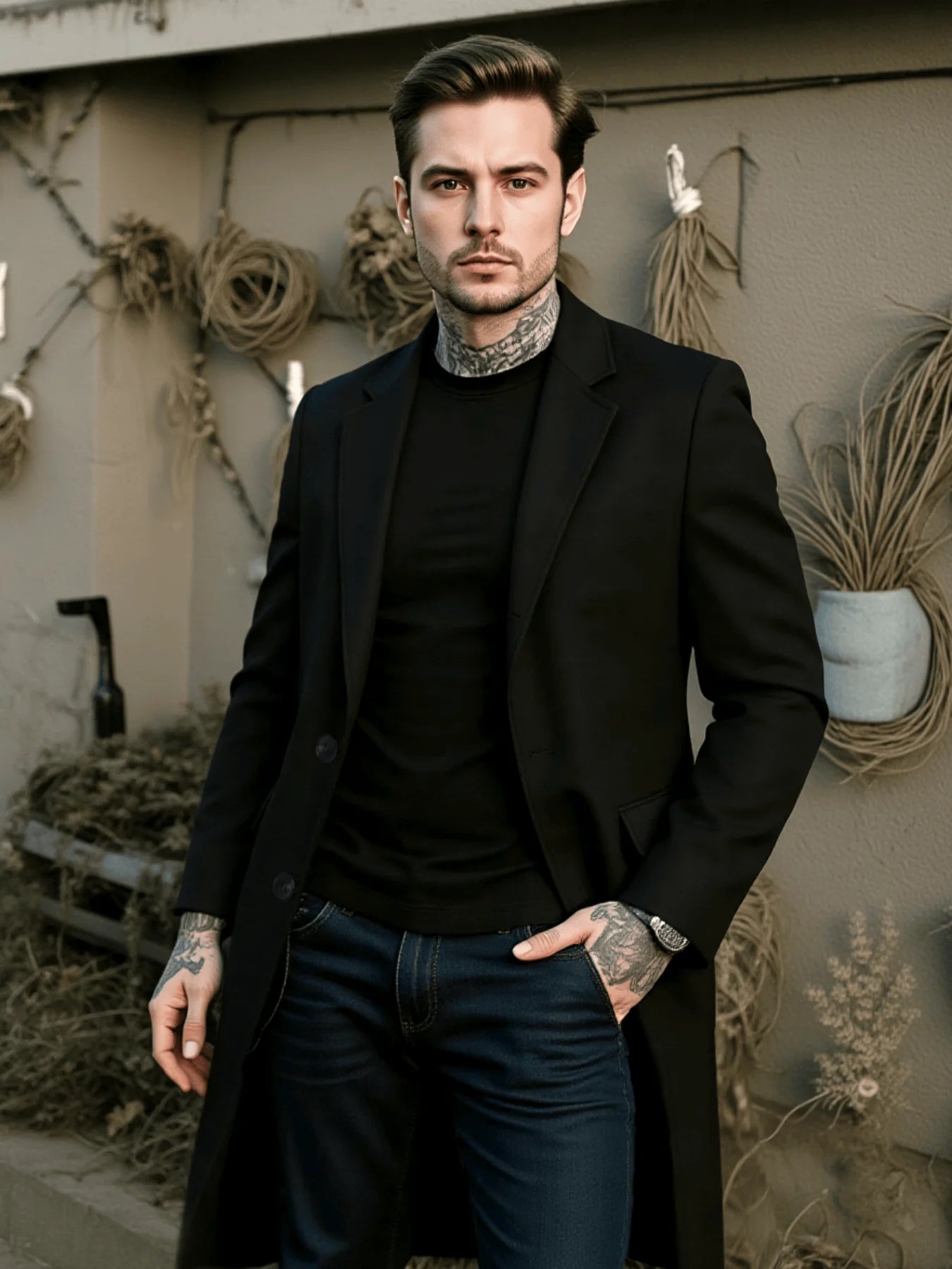 Men's Thickened Wool Single-Breasted Trench Coat