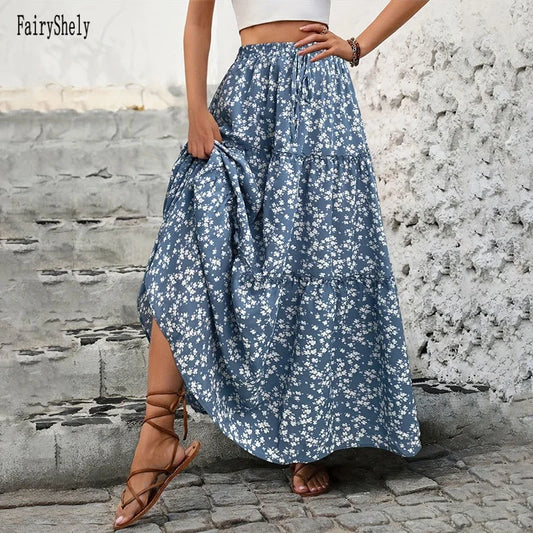 Casual Flower Print Long Skirt - High Waist Maxi Skirt