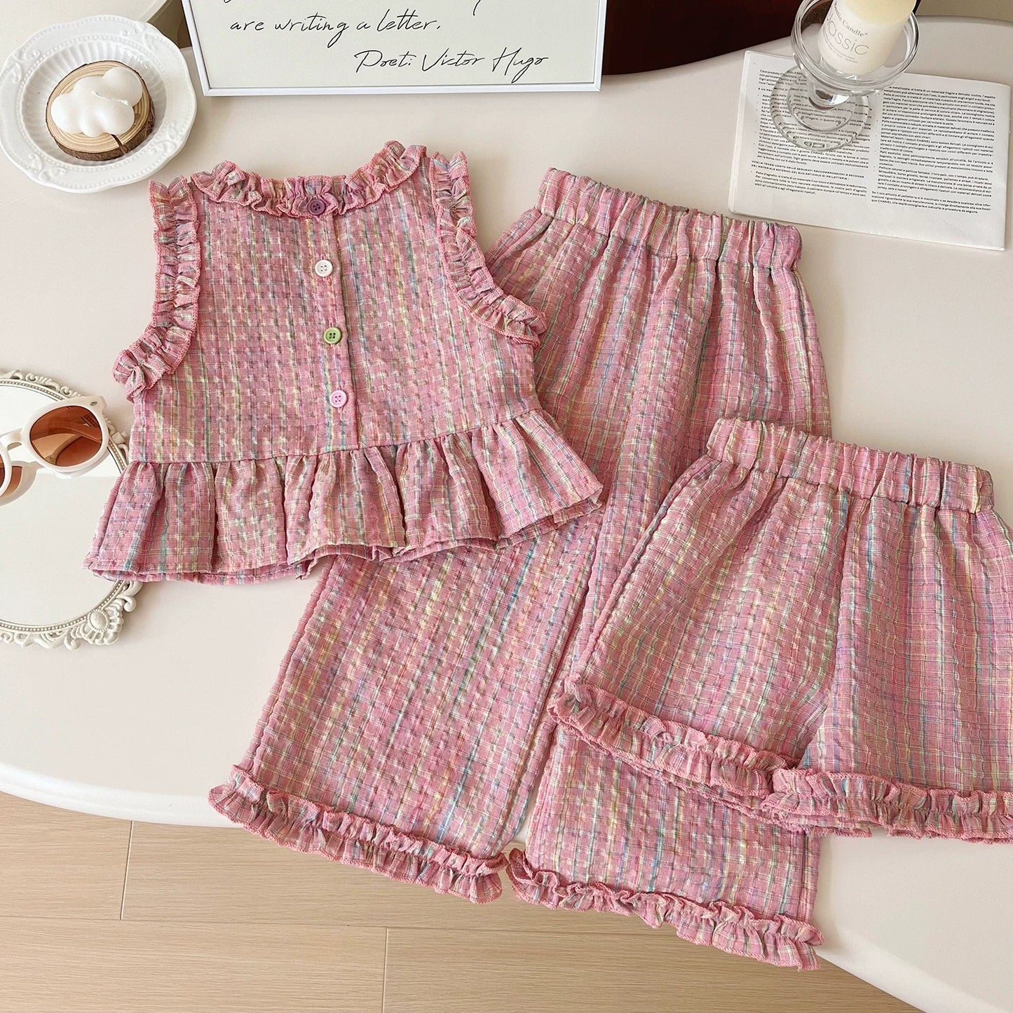 Girls 3-Piece Summer Set - Plaid Sleeveless Top, Wide Leg Pants & Shorts (2T-7T)