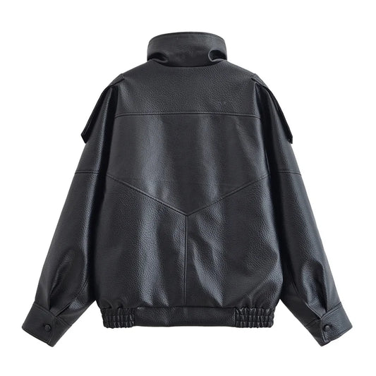 Women's Jacket Fall 2025 New Black Faux Leather Motorcycle