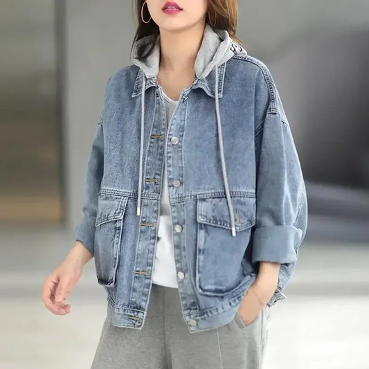Korean Denim Jacket Women Hooded Vintage