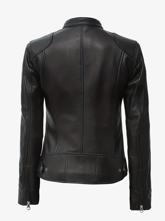 Women's Leather Jacket - Slim Fit A-line Zipper Cycling Jacket, Stand Collar Long Sleeve Casual Cycling Jacket, All-Season PU Le