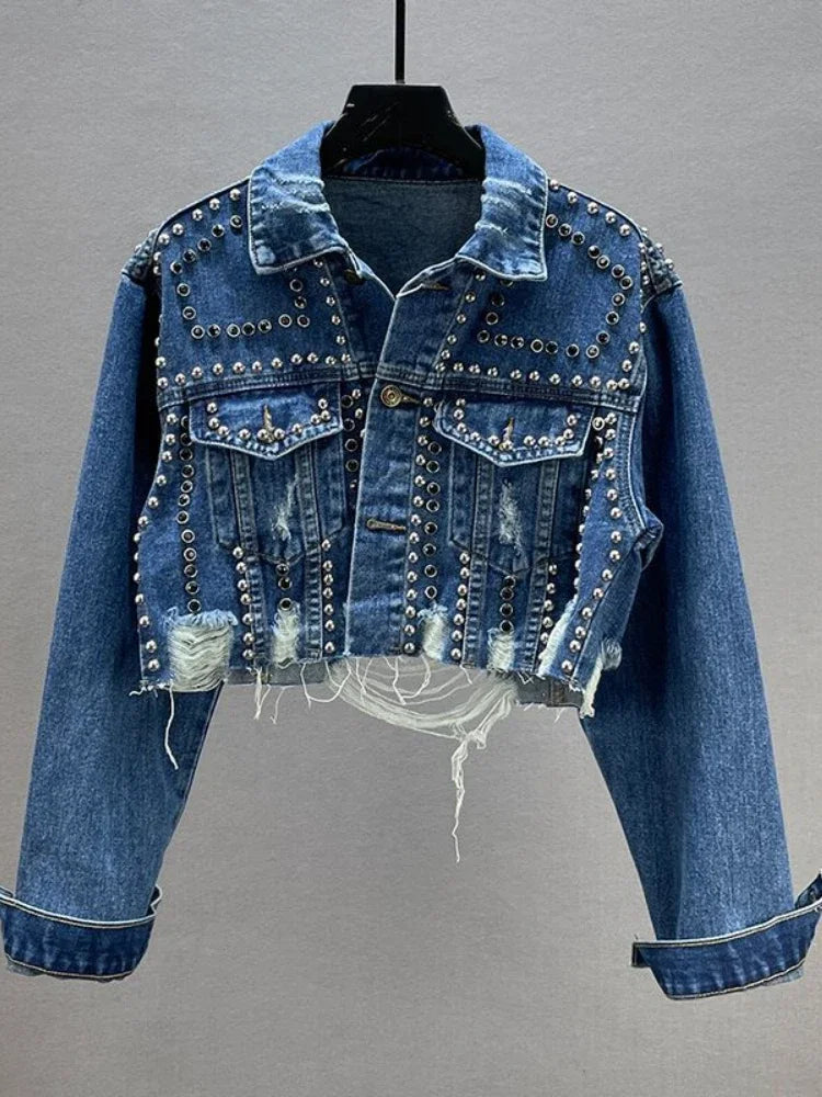 Womens Denim Jacket 2026 Spring Summer New in Heavy Industry Rivet Studded Jean Jacket Women Worn Nail Bead Jean Jacket Top