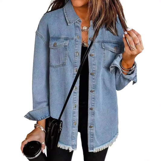 New washed denim shirt jacket for women autumn and winter personality street style edged hem jacket for women