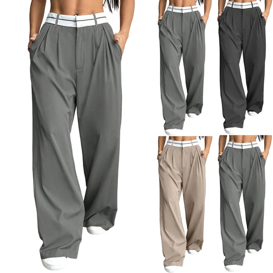 Women's Blazer Pants Pleated Wide-Leg Casual Trousers Contrast Waistband Daily Wear Stylish Versatile Loose Fit Long Pants