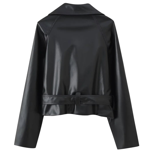Women's Cropped Leather Jacket - Belt Lapel Double-Breasted Coat