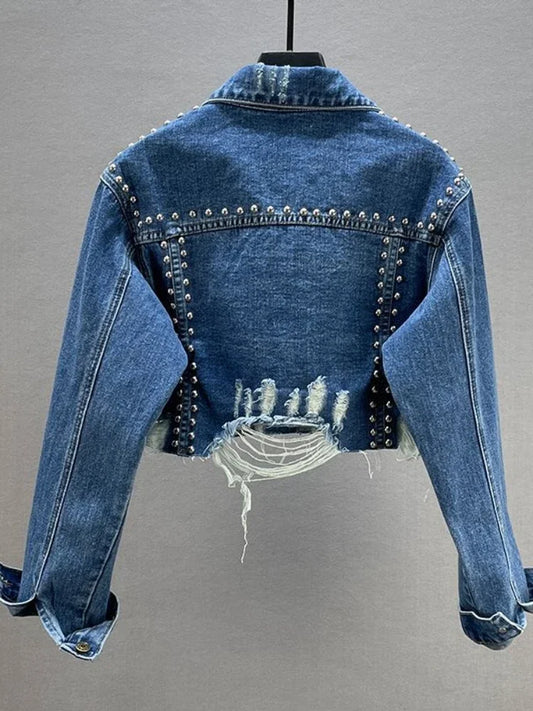 Womens Denim Jacket 2026 Spring Summer New in Heavy Industry Rivet Studded Jean Jacket Women Worn Nail Bead Jean Jacket Top