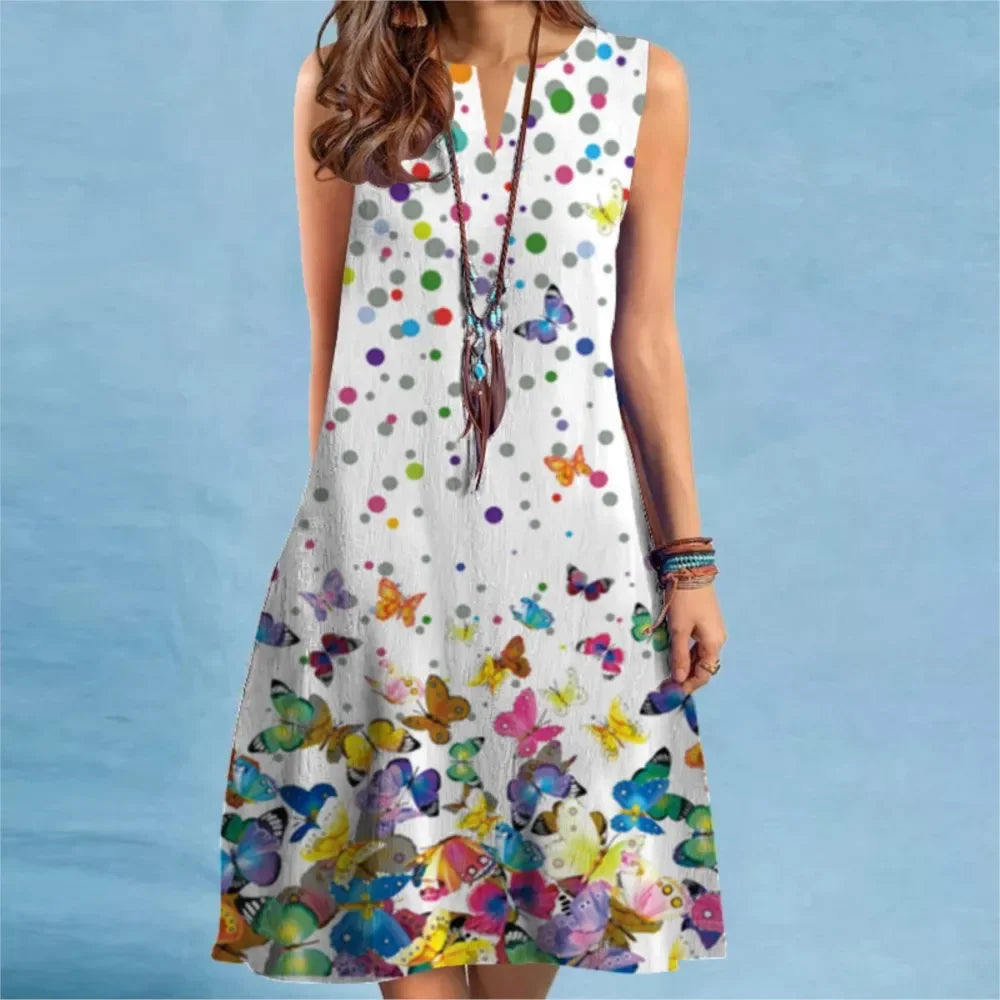 Elegant Flower Power Print Mini Dress 2025 New Women Summer V-neck Sleeveless Sexy A-Line Dress Bohemia Beach Sundress New Femme
