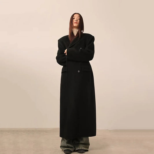 Women's Y2K Faux Wool Coat - Double Breasted Winter Jacket