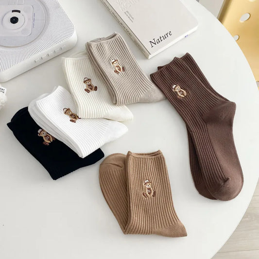 New Design Embroider Cute Bears Dressed Player In Sportswear Short Cotton Socks 6 Colors Available Casual Style Daily Attire