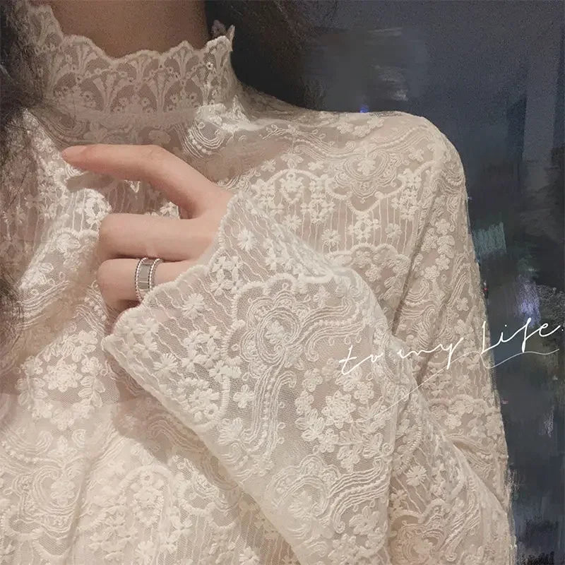 Qadın Krujeva Köynək Payız Uzun Qollu Turtlenock Mesh
