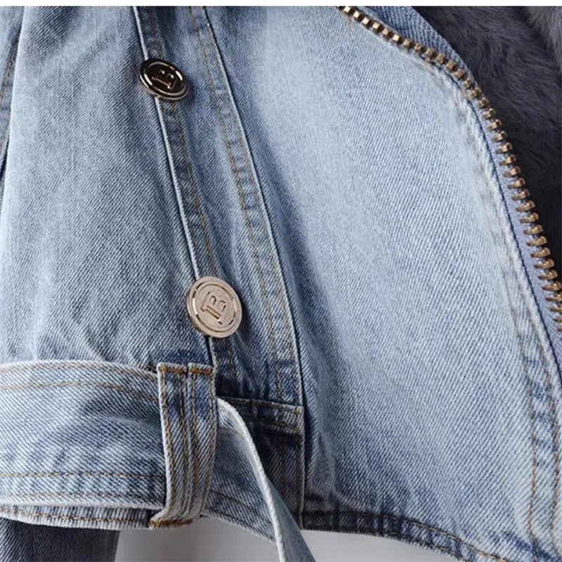 Women's Winter Denim Jacket Coat Fleece Lined Warm Cowboy Style With Removable Faux Fox & Rabbit Fur Liner Short Design