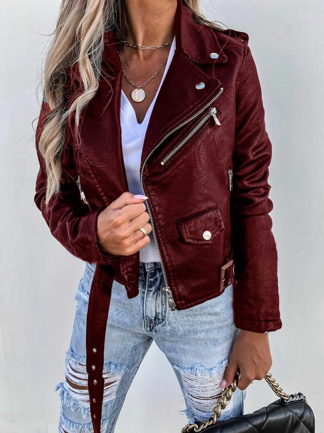 Women's PU Leather Motorcycle Jacket - British Style