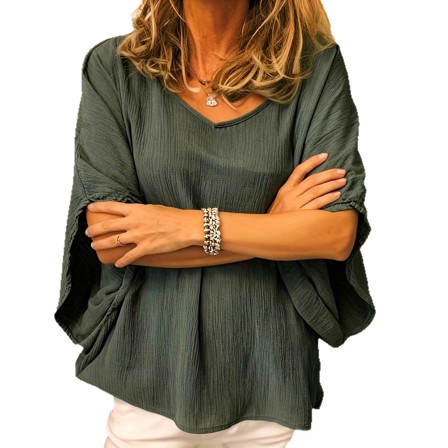 Women's Batwing Sleeve Cotton-Linen Top - Versatile Solid Color Casual Blouse