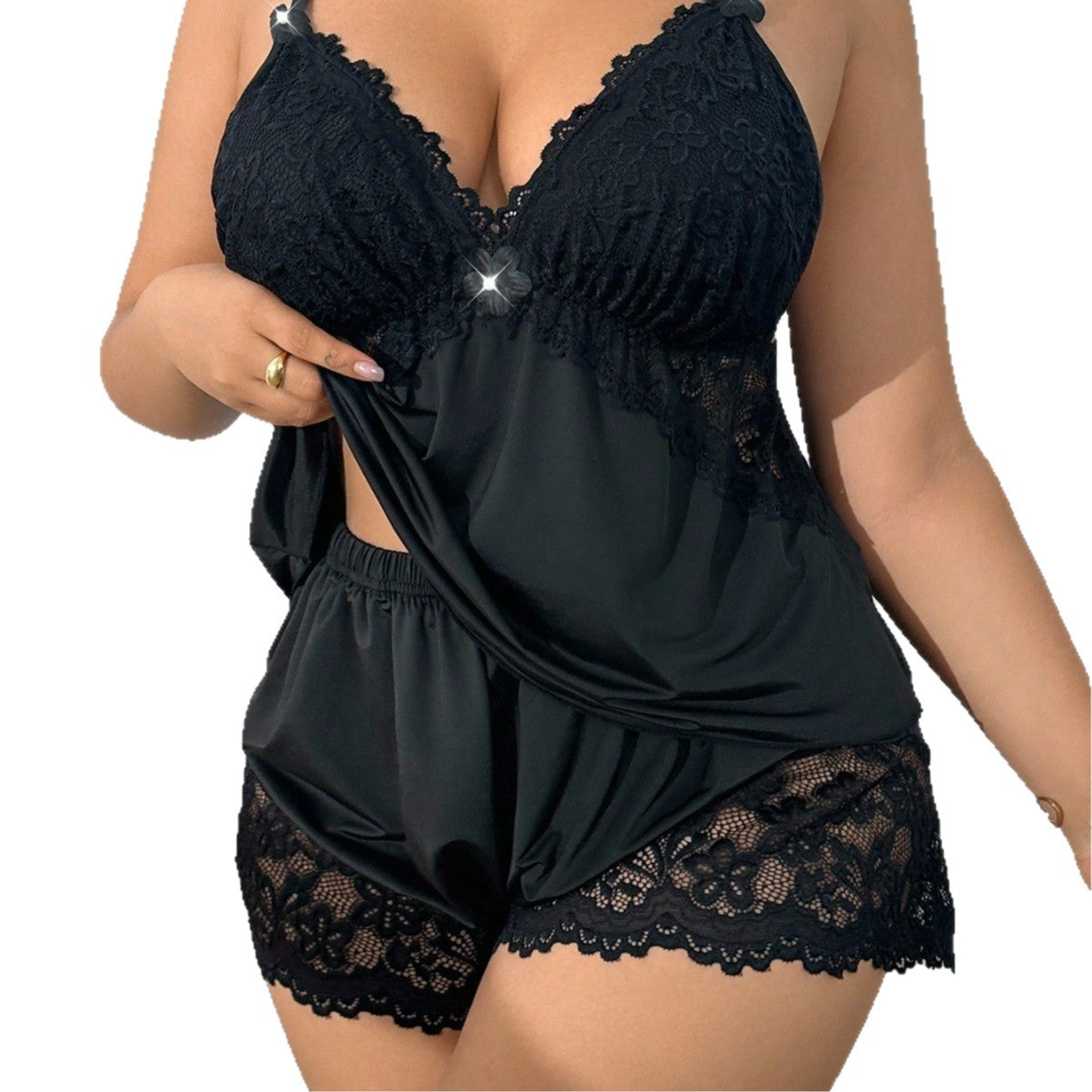Women's Plus-Size Pajama Set with Lace Shorts