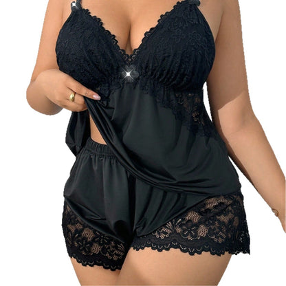 Women's Plus-Size Pajama Set with Lace Shorts