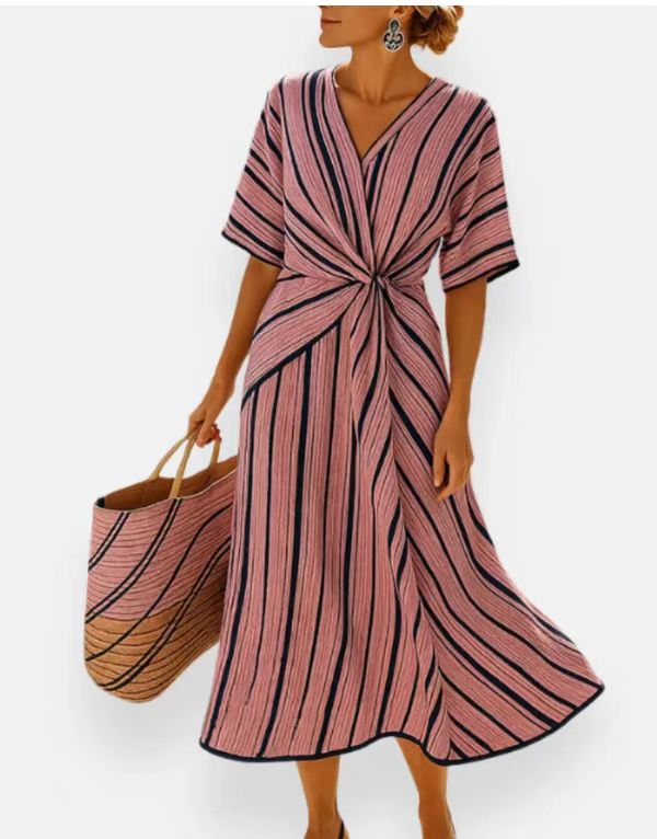 Women's Striped Maxi Dress - Short Sleeve Beach Vacation