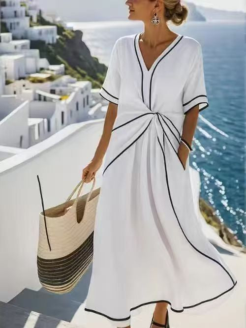 Women's Striped Maxi Dress - Short Sleeve Beach Vacation