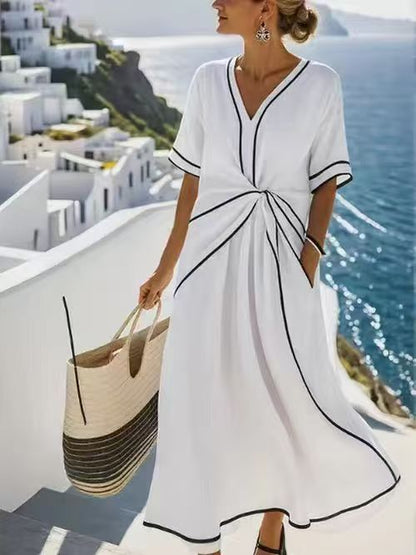 Women's Striped Maxi Dress - Short Sleeve Beach Vacation