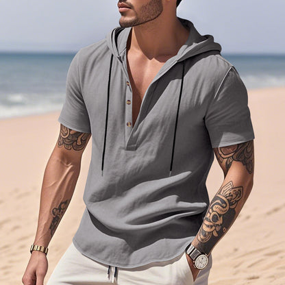 Qısa Qollu Gündəlik Nəfəs Alan Kətan Hudi Henley Köynək Kişi Köynəyi Nəfəs Alan Rahat Yaz Yay Dəbi Əsas Rəng Küçə Geyimi