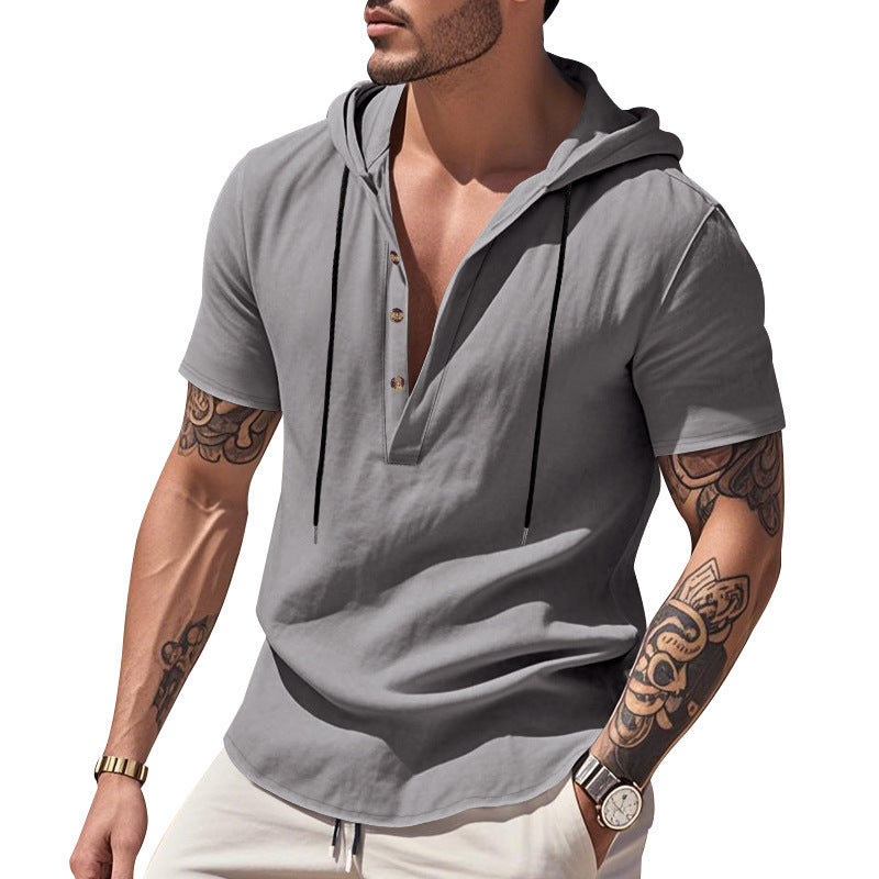 Qısa Qollu Gündəlik Nəfəs Alan Kətan Hudi Henley Köynək Kişi Köynəyi Nəfəs Alan Rahat Yaz Yay Dəbi Əsas Rəng Küçə Geyimi