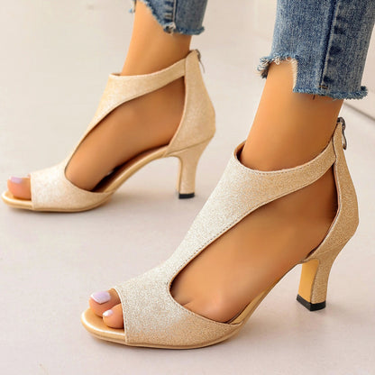 Women's High Heeled Fish Mouth Sandals - Summer Open Toe Zipper Heels