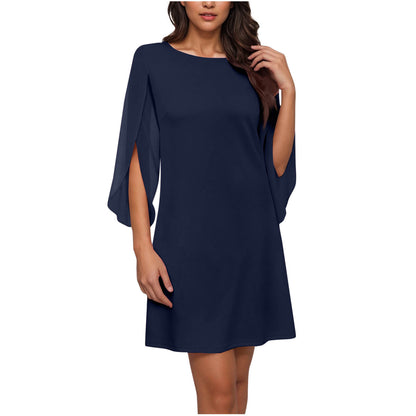 Womens Solid-Colored Crew-Neck Cloak-Sleeve Dress