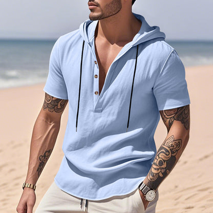 Qısa Qollu Gündəlik Nəfəs Alan Kətan Hudi Henley Köynək Kişi Köynəyi Nəfəs Alan Rahat Yaz Yay Dəbi Əsas Rəng Küçə Geyimi