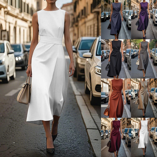 Sleeveless Belt Dress - Slim Back Zipper Women's Fashion