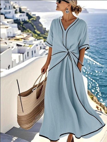 Women's Striped Maxi Dress - Short Sleeve Beach Vacation