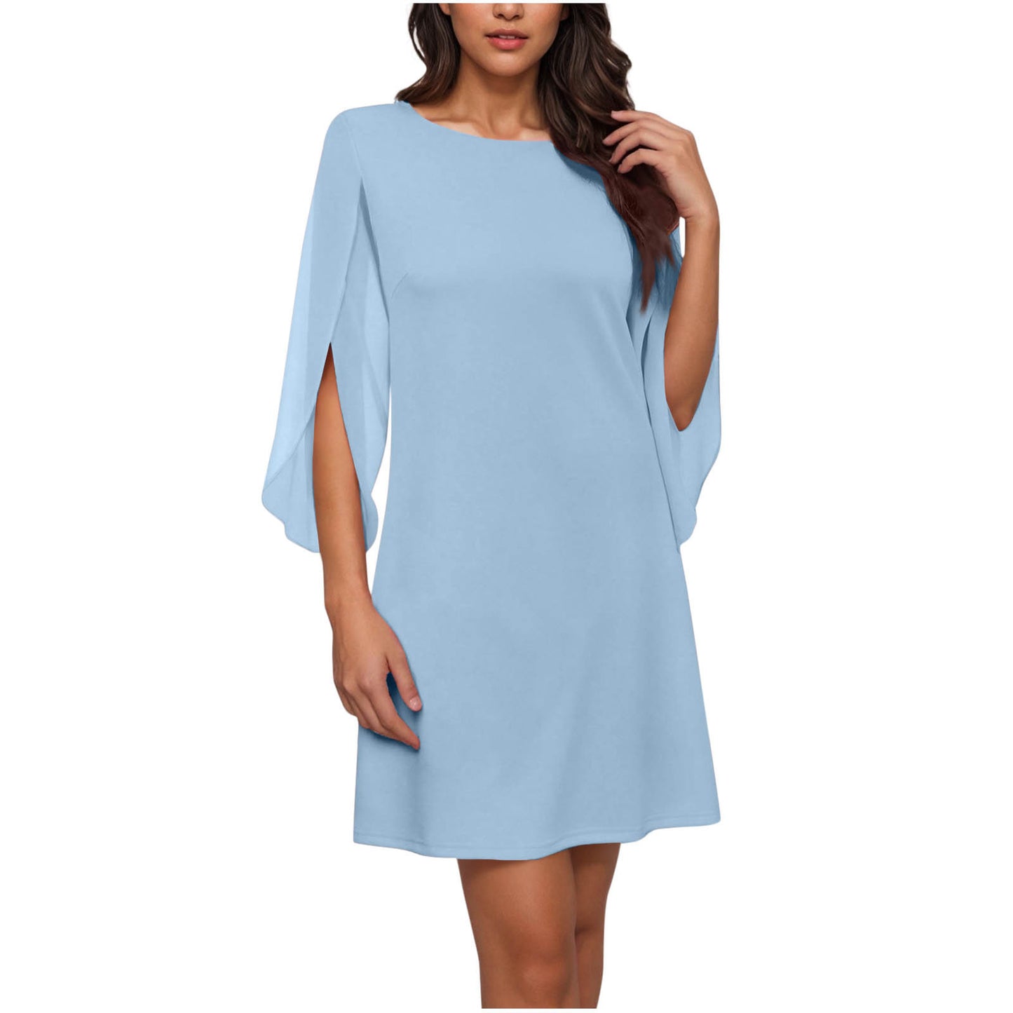 Womens Solid-Colored Crew-Neck Cloak-Sleeve Dress