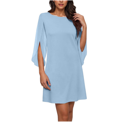 Womens Solid-Colored Crew-Neck Cloak-Sleeve Dress