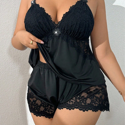 Women's Plus-Size Pajama Set with Lace Shorts