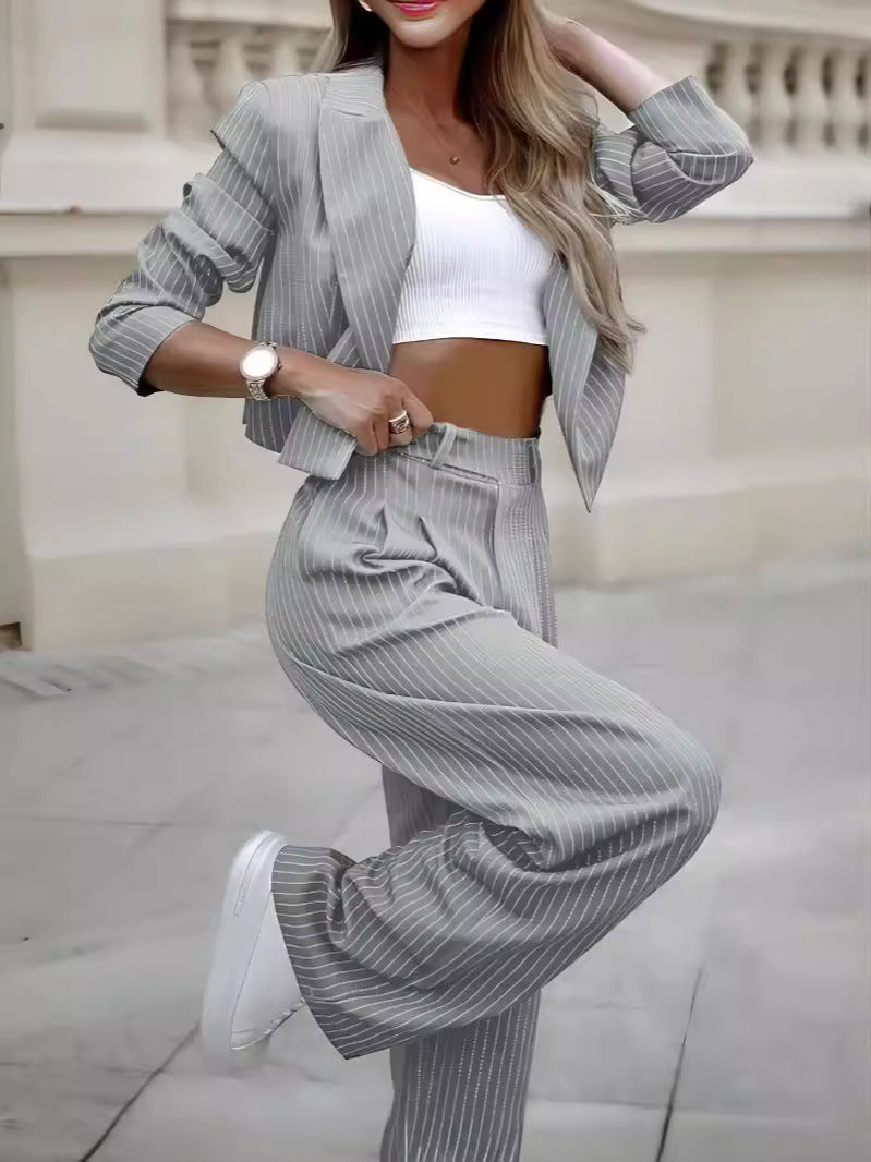 Women's Striped Suit - Cropped Top & Straight Pants Set