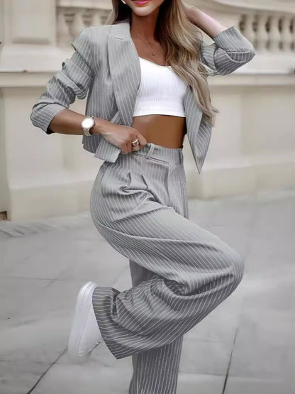 Women's Striped Suit - Cropped Top & Straight Pants Set