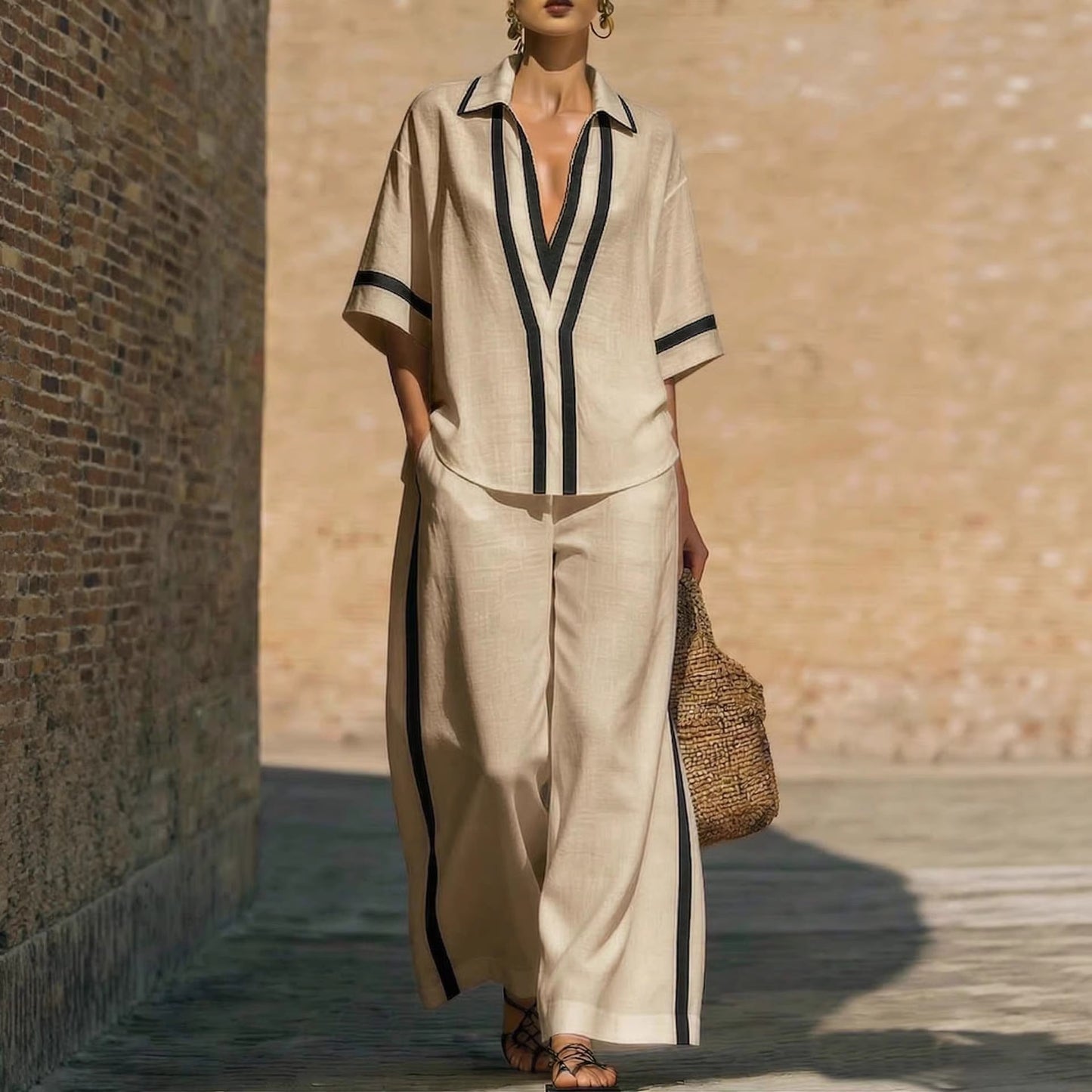 Women's Color Block Two-Piece Set - Top & Wide Leg Pants
