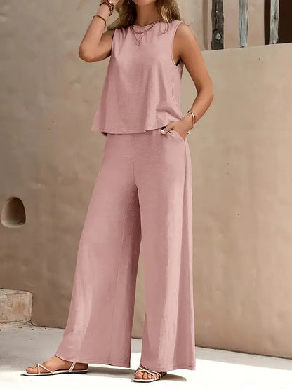Solid Color Casual Loose Pants Set - Women's Two Piece Suit