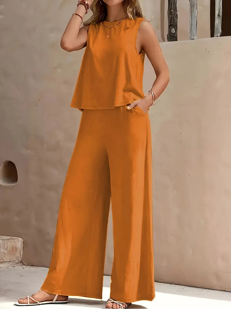 Solid Color Casual Loose Pants Set - Women's Two Piece Suit