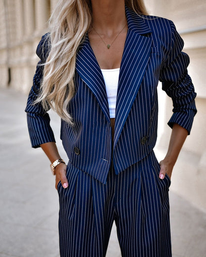 Women's Striped Suit - Cropped Top & Straight Pants Set