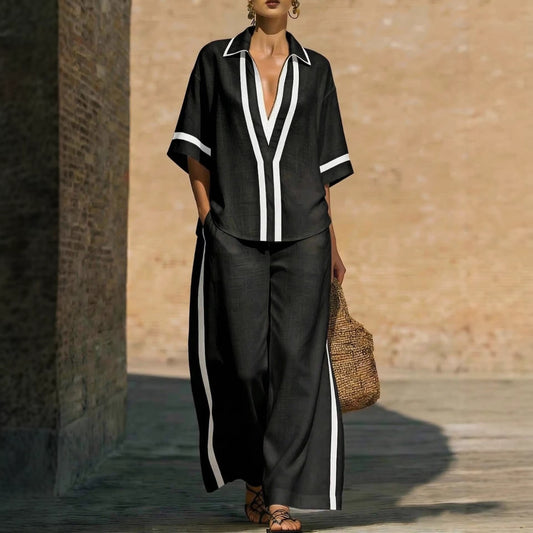 Women's Color Block Two-Piece Set - Top & Wide Leg Pants