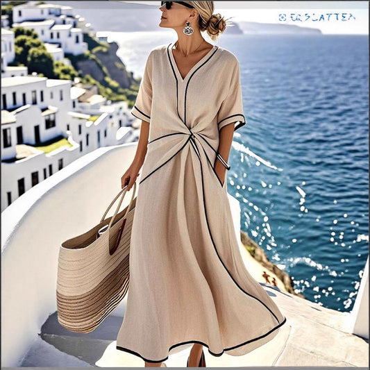 Women's Striped Maxi Dress - Short Sleeve Beach Vacation