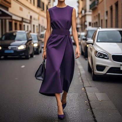 Sleeveless Belt Dress - Slim Back Zipper Women's Fashion