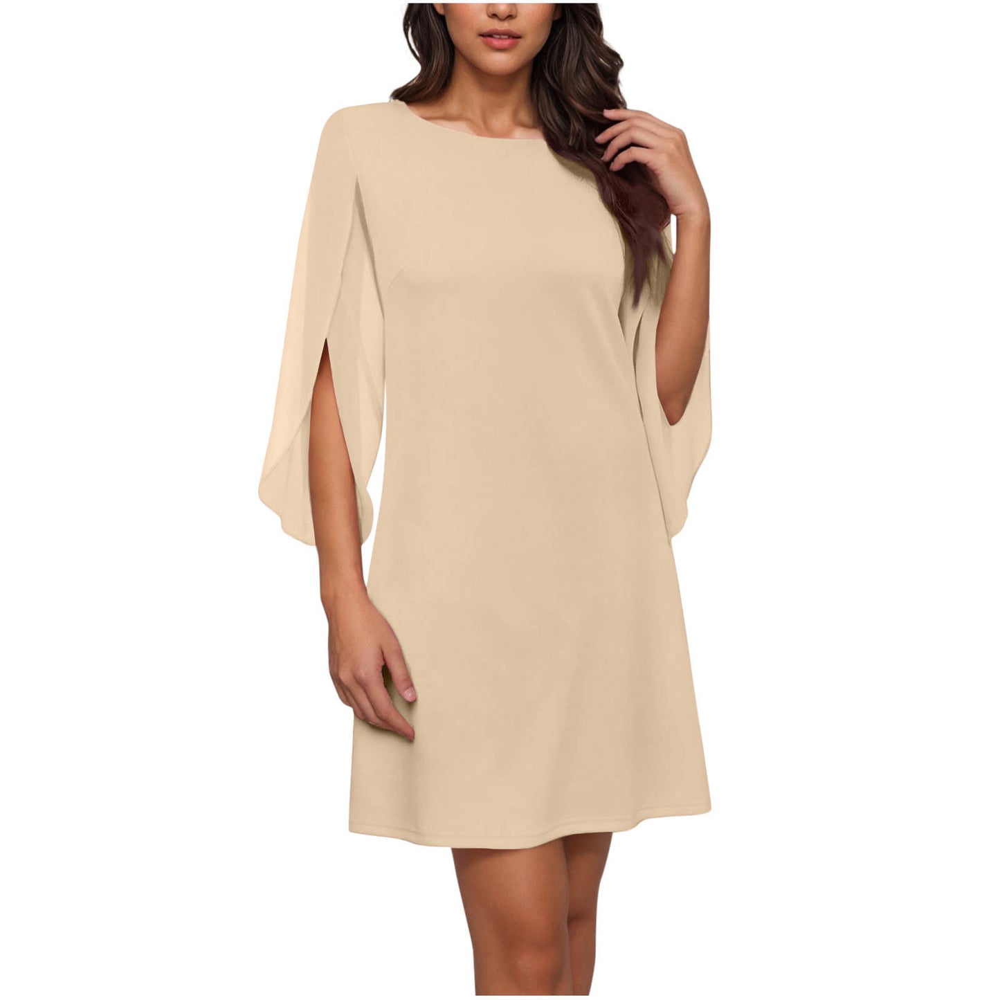 Womens Solid-Colored Crew-Neck Cloak-Sleeve Dress